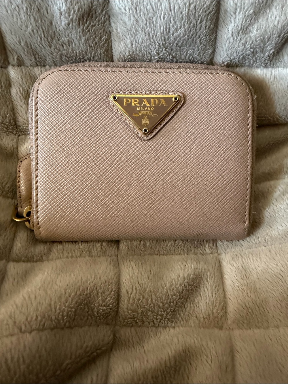 PRADA Saffiano Leather Compact Zip-Around Wallet/Card Holder in Neutral Beige